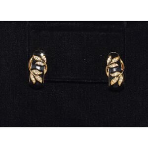Joan Rivers Designer Rhinestones Black & Gold Enamel Clip Earrings